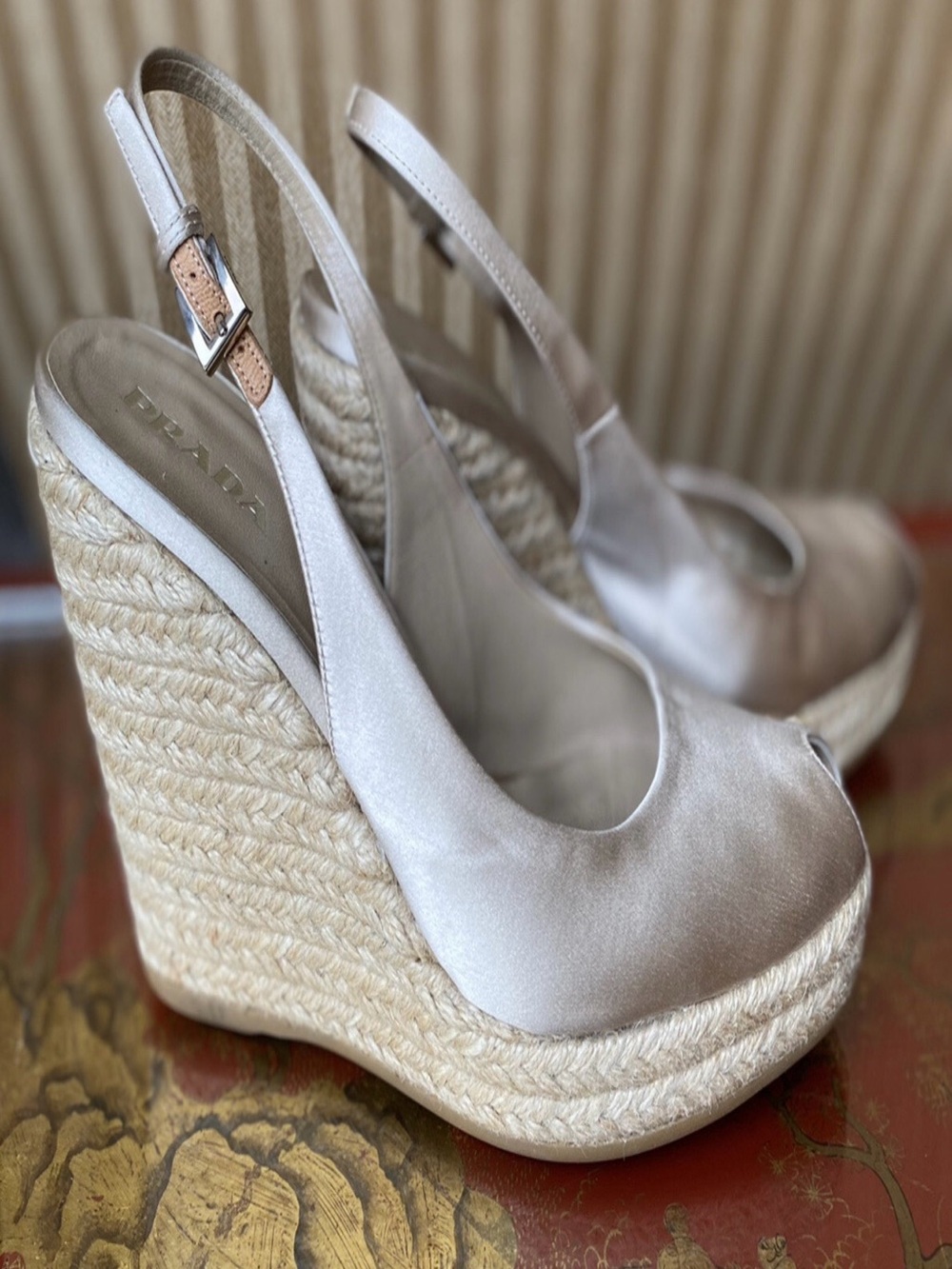 PRADA Nude Satin Peep Toe Wedge Espadrille Sandal Shoe